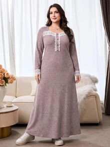 Al Najma Plus Size Women's Casual Sweetheart Neckline Long Sleeve Lace Patchwork Button Design Arabian Dress - Dusty Pink - View 7