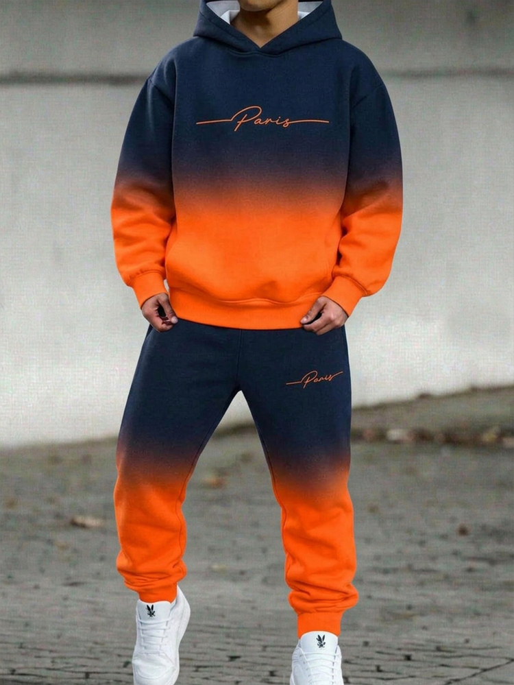 SHEIN 2pcs Teen Boys Casual Sports Gradient Color + Letter Pattern Hoodie And Sweatpants, Comfortable Fabric, Suitable For Autumn/Winter, School, Family Gatherings, Back To School, Birthday Parties, Photos, Vacations, Holidays, Sports Style, Comfortable, Wearable - Multicolor - View 5