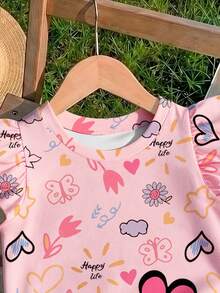 Young Girl 1 Pc Floral Heart Print Ruffle Sleeve Tee, Pink, Summer - Pink - View 5