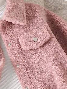 SHEIN Elladie kids 女童毛絨領長袖夾克，彈性下擺與袖口，秋冬保暖外套，現代時尚夾克，適合外出、購物與拍照 - 粉色 - 查看 6