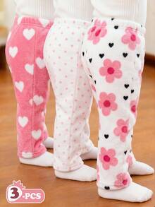 3pcs/Set, Baby Girl Casual Polka Dot Heart Floral Pattern Winter Pants - Multicolor - View 3