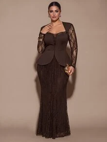SHEIN BAE CURVE فستان حفلة كاجوال للنساء بمقاسات كبيرة مع تطريز دانتيل - بني - مشاهدة 2