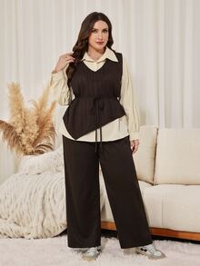 Modelyn Plus Size Women Solid Color Button Shirt And Asymmetrical Hem Tank Top With Pants Set Party Office Beige Fall Elegant Casual - Brown - View 4