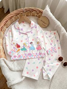 SHEIN 女嬰圓領長袖上衣與長褲休閒日常居家睡衣套裝 - 米色 - 查看 7