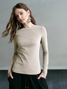 MOTF PREMIUM Áo thun nữ màu trơn phong cách thường ngày đa năng mặc hằng ngày - Màu Khaki - Xem 5