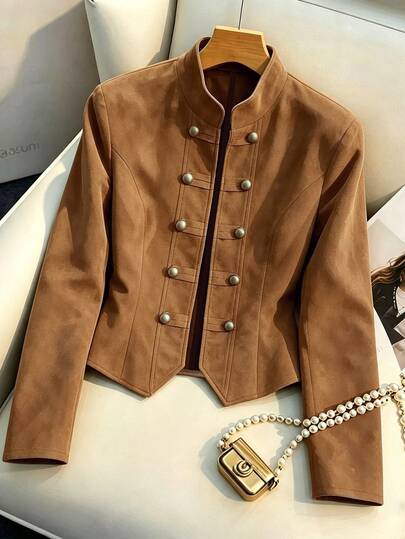GlowEve Women's Autumn/Winter New Maillard Retro Stand Collar Suede Jacket, Double-Breasted Design Elegant Commuter Casual Versatile Jacket Top