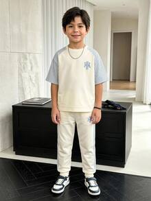 Young Boy Autumn New Kids Casual Minimalist Loose Comfortable Style Striped Print Crew Neck Short Sleeve Top And Long Pants 2 Pieces Knit Pullover Set - Multicolor - View 3