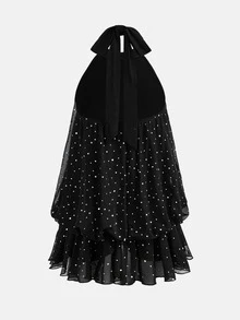 SHEIN Tween女孩黑色掛脖綁帶迷你洋裝，派對華麗兒童洋裝 - 黑色 - 查看 2
