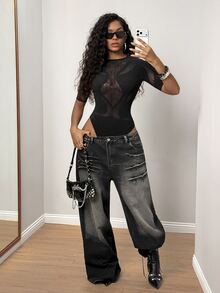 BamGleam Women's Solid Color Round Neck Patchwork Mesh Sexy Short Sleeve Bodysuit - Black - View 6