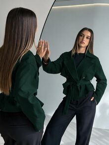 Aloruh 女款秋季純色雙排扣長袖短版卡其綠風衣，休閒優雅專業風，辦公商務首選 - 墨綠色 - 查看 8