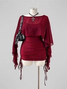 Sunspun Plus Size Spring/Summer Sheer Top & Fitted Drawstring Camisole Dress 2 Pieces Set Fall - Burgundy - View 4