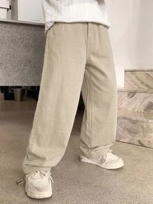 SHEIN 青少年男孩時尚休閒 Y2K 復古酷藍色牛仔褲 寬鬆舒適直筒牛仔褲 童裝 - 卡其色 - 查看 4
