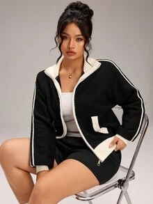 Rosumi Áo cardigan len dệt kim gân kẻ sọc phối màu tương phản có khóa kéo size lớn - màu đen - Xem 4