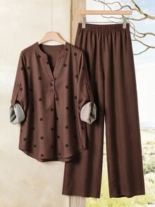 Rusticease 女款休閒長袖襯衫與長褲兩件套，女款條紋套裝，女款休閒套裝 - 藏蓝色 - 查看 8