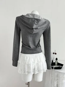 Elamini Women's Autumn Vintage Print Slim Fit Cinched Waist Hooded Cropped Sweatshirt - Grey - View 2