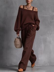LUMIGAL Women's Solid Color Casual Daily Long Sleeve Sweater - Brown - View 5