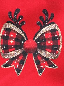 SHEIN 女嬰聖誕紅色鹿刺繡洋裝，甜美可愛蝴蝶結圓領長袖衛衣拼接格紋百褶裙，秋冬外套 - 紅色 - 查看 5