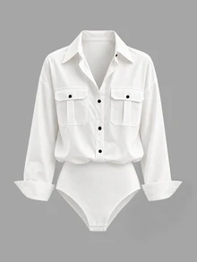 Franclia White Drop Shoulder Long Sleeve Contrast Button Lapel Utility Pocket Design Women's Bodysuit Shirt - White - View 7
