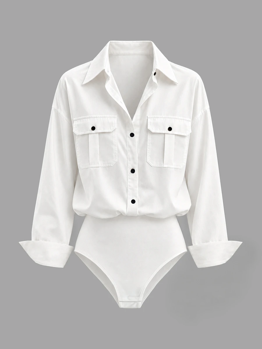 Franclia Bodysuit Wanita Warna Putih, Lengan Panjang, Bahu Jatuh, Kancing Kontras, Kerah, Saku Serbaguna - Putih - View 1