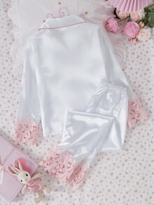 2件組青少年女孩腮紅粉睡衣套裝，長袖睡衣褲，優雅休閒，適合秋冬/冬季，婚禮之夜、蜜月、Ninang，高品質 - 白色 - 查看 2