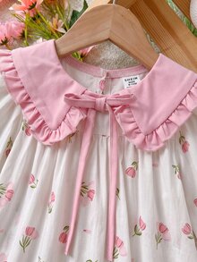 SHEIN LMoss Kids 女嬰女童可愛度假休閒圖案蝴蝶結長袖寬鬆洋裝，秋季花卉洋裝，粉色彼得潘領 - 彩色 - 查看 5