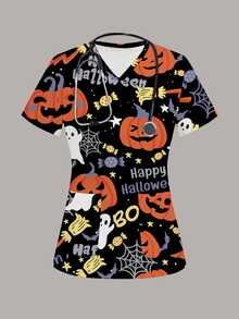 PopScrub Fun Halloween Pumpkin Letter Spider Web Ghost Candy Holiday Women's Scrub Uniform Top - Multicolor - View 1