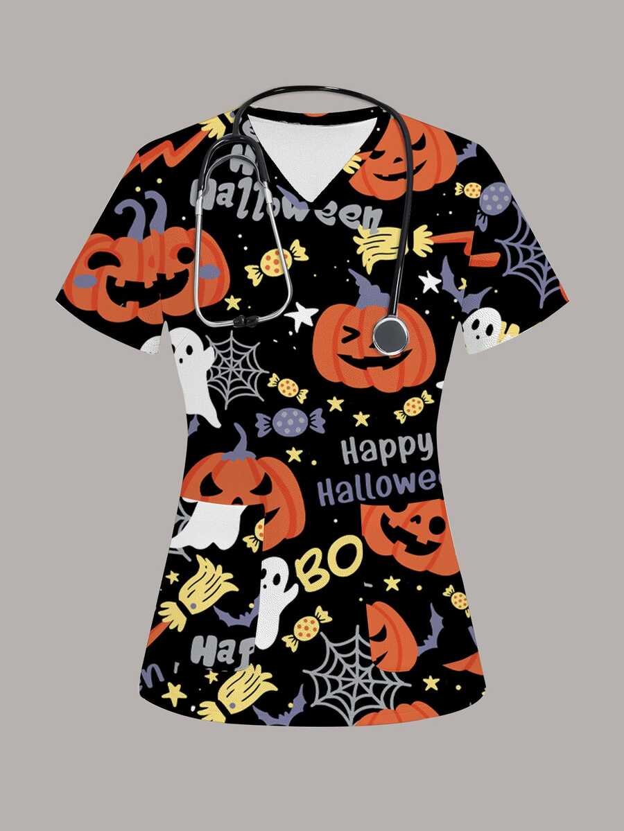 PopScrub Fun Halloween Pumpkin Letter Spider Web Ghost Candy Holiday Women's Scrub Uniform Top - Multicolor - View 1