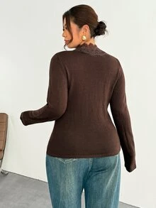 Firerie Plus Size V-Neck Lace Trim Long Sleeve Button Front Solid Color Cardigan - Brown - View 2