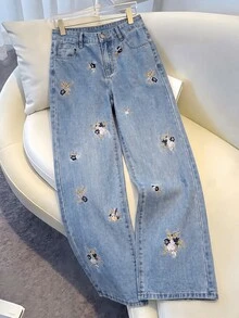 SHEIN Women's Casual Floral Pattern Wide Leg Jeans - Blue - View 5