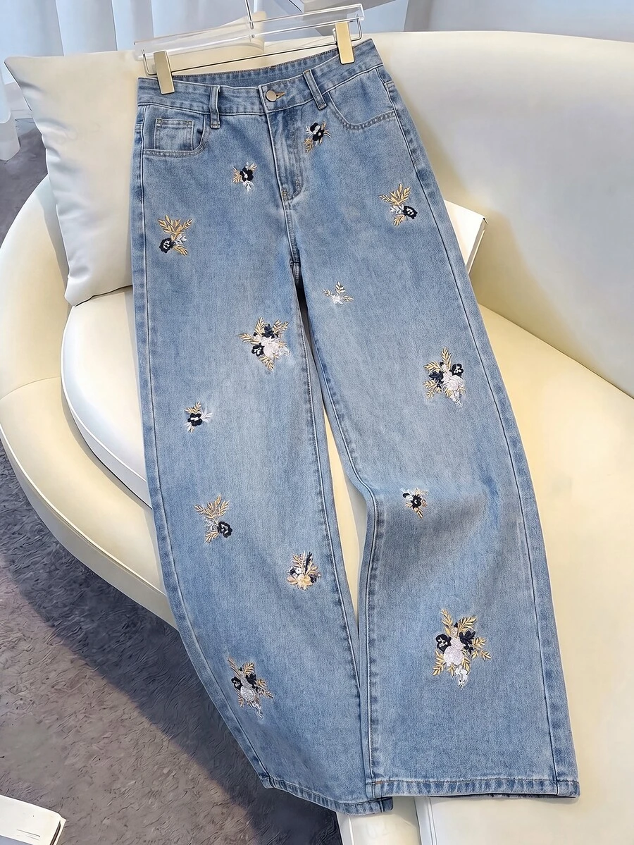 SHEIN MOD 女款休閒花卉圖案寬腿牛仔褲 - 藍色 - 查看 1