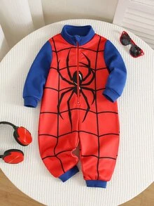 SHEIN 中性新生兒嬰兒男/女童、幼兒秋冬加厚抓絨內裡拼色可愛蜘蛛圖案連身衣，嬰兒冬季連身褲，聖誕 - 紅色 - 查看 1