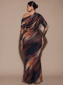 SHEIN BAE CURVE 大尺碼女款優雅長洋裝，適合外出、約會、聖誕節、秋冬季、雞尾酒會、生日派對、舞會 - 棕色 - 查看 5