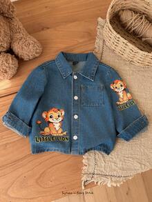 Cozy Pixies Baby Boys Denim Kids Cartoon Lion Pattern Blue Wide Cardigan Jacket Printed Denim Coat - Blue - View 8