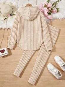 SHEIN Sparklyn 青少年女孩秋季套裝 2件/組 圓領羅紋連帽上衣（不對稱下擺）搭配內搭褲，秋季休閒穿搭 - 杏色 - 查看 2