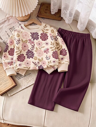 2pcs/Set Vintage Floral Print Sweatshirt & Wide Leg Pants, Cute Autumn/Winter Casual Outfit, Soft & Comfortable For Daily Wear