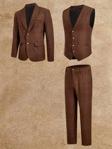HIMLAND Men's Solid Color Vest, Long Sleeve Jacket And Pants Casual Suit Set - Brown - View 1