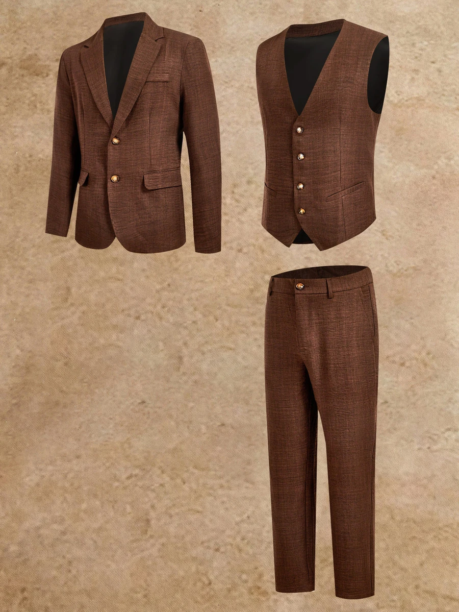 HIMLAND Men's Solid Color Vest, Long Sleeve Jacket And Pants Casual Suit Set - Brown - View 1