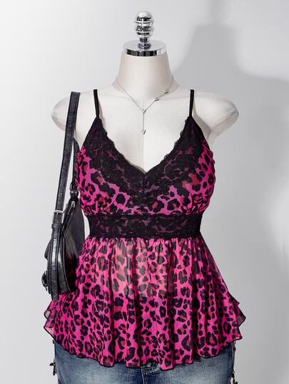 SHEIN ICON Women's Plus Size Y2K Millennium Style Contrast Lace Leopard Print Camisole Tank Top