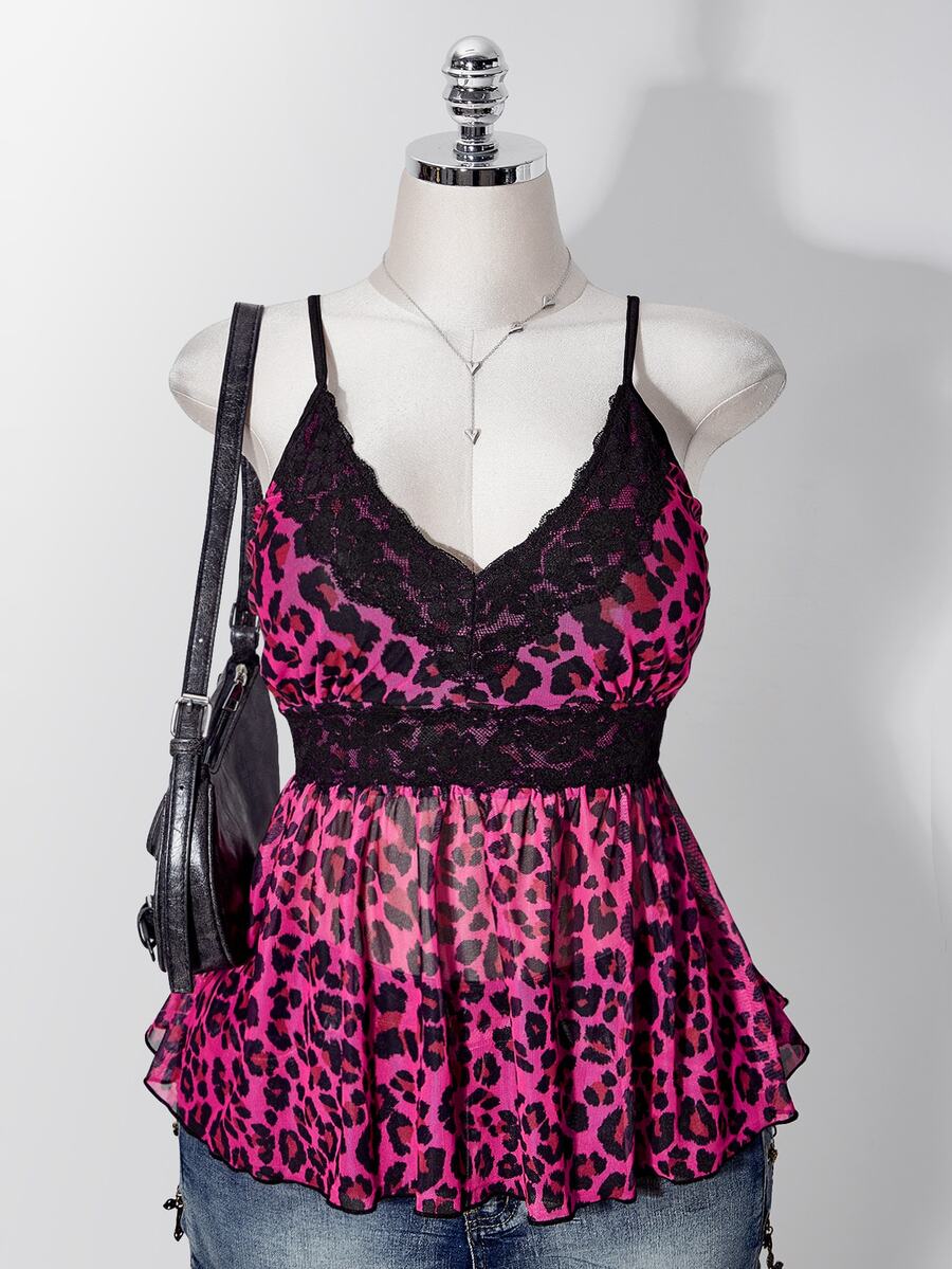 SHEIN ICON Women's Plus Size Y2K Millennium Style Contrast Lace Leopard Print Camisole Tank Top - Hot Pink - View 1