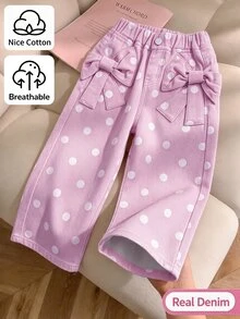 SHEIN Genkimix Kids 女童牛仔長褲，四季皆宜，柔軟棉質，休閒時尚，百搭舒適，極簡甜美可愛，彈性腰頭，兩側蝴蝶結貼花設計，黑色波點與杏色印花布料，寬鬆直筒版型，杏色水洗軟牛仔，適合日常穿著與度假 - 彩色 - 查看 1