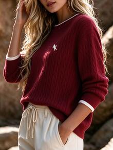 Zayélia Women's Casual Daily Long Sleeve Sweater With Equestrian Pattern - Red - View 4