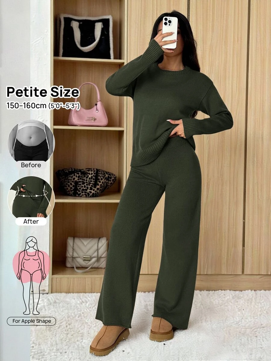 SHEIN PETITE 女款純色圓領長袖毛衣與長褲休閒常規套裝,秋冬款 - 軍綠色 - 查看 1