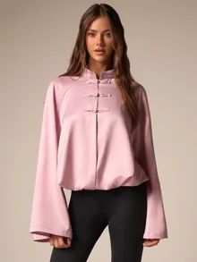 Athîral Women's Solid Color New Chinese Style Collar Bell Sleeve Fashion Casual Top - Pink - View 4