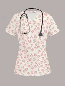 PopScrub Fun Leopard Print Pink Cute Women's Scrub Uniform Top - Multicolor - View 1