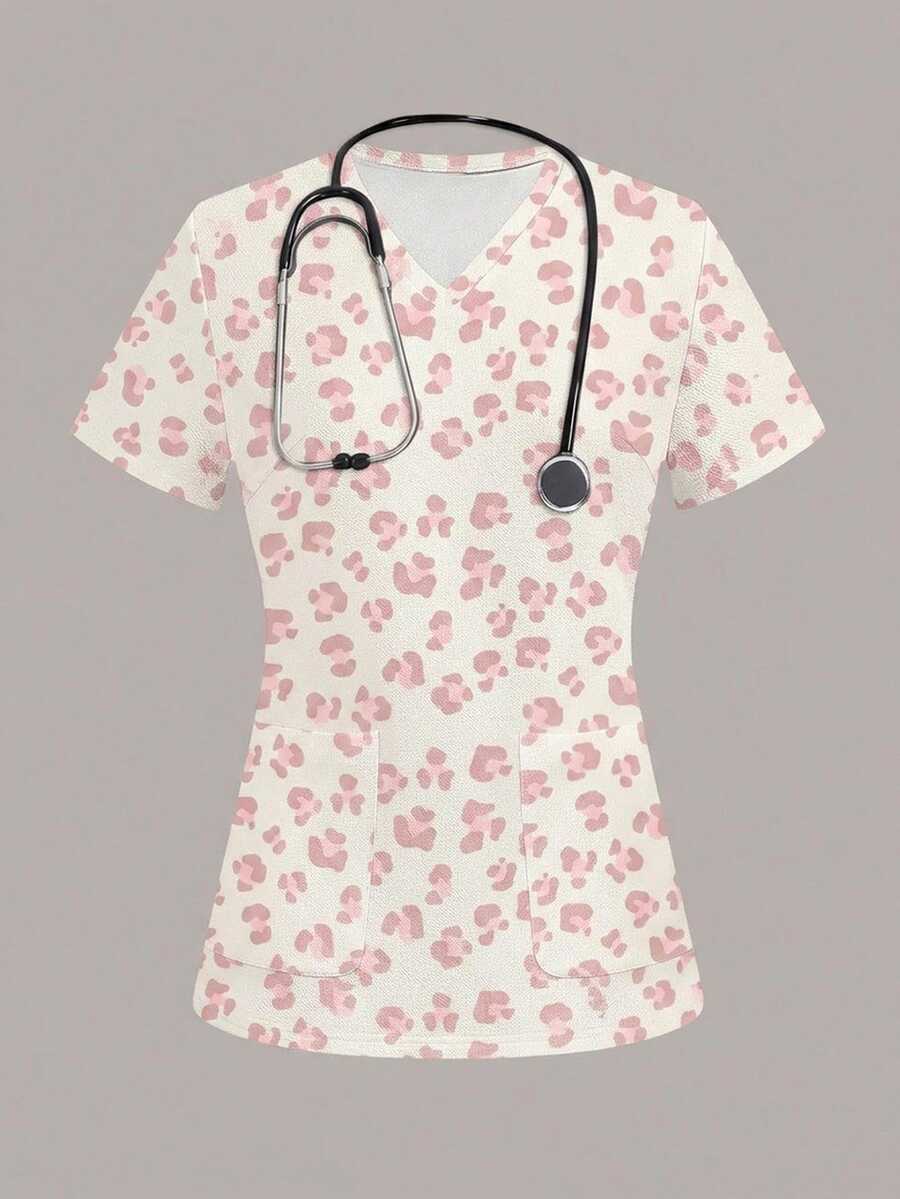 PopScrub Fun Leopard Print Pink Cute Women's Scrub Uniform Top - Multicolor - View 1