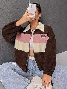 SHEIN EZwear Plus Size Color Block Zip-Up Jacket, Autumn/Winter Color Block Jacket Women Jacket Corduroy Jacket Cropped Jacket Y2k Jacket - Brown - View 5