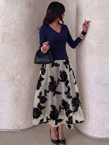 Modelyn Women's Elegant Autumn Solid Color V-Neck Long Sleeve Fitted Top & 3D Floral Mesh Midi Skirt 2 Pieces Set, Date & Commute Vibe - Navy Blue - View 8