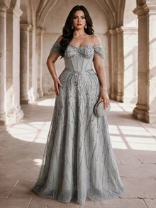 Coutiva Plus Size Women's Rhinestone & Sequin Design Off-Shoulder Elegant Formal Evening Gown (Heavy Embellished Style) - Grey - View 9