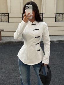 Modelyn Women's Chinese Style Stand Collar Black And White Checkered Contrast Color Frog Button Long Sleeve Shirt, Autumn Fall/Winter Brunch Elegant - White - View 6