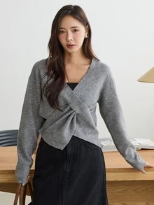 Dazy-Less Women's Winter Grey Round Neck Long Sleeve Cable Knit Slim Fit Ribbed Casual Sweater - Grey - View 3